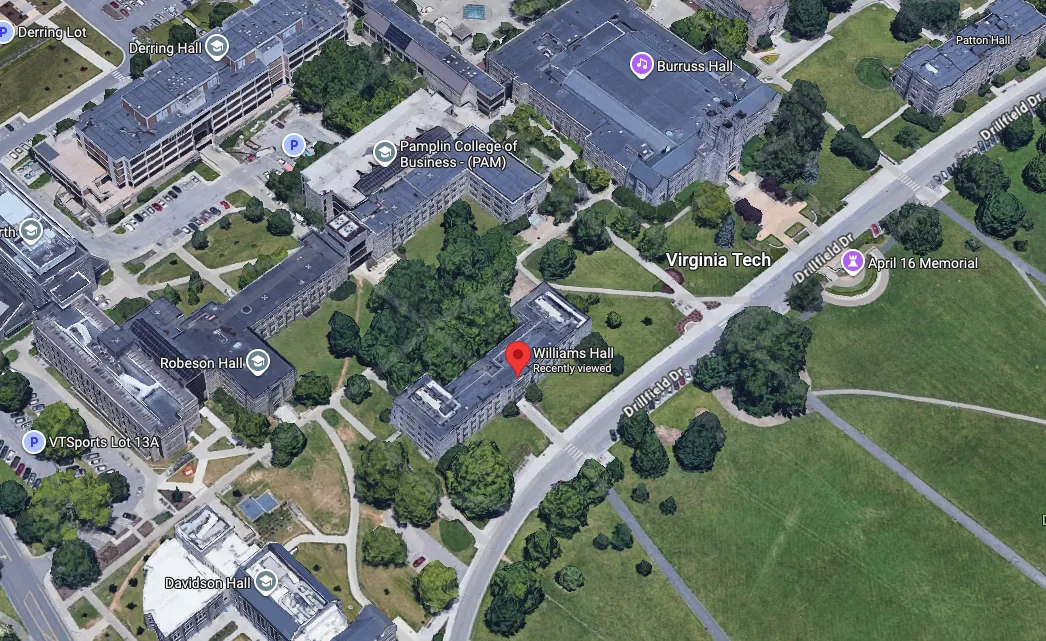 Map showing Williams Hall, Virginia Tech